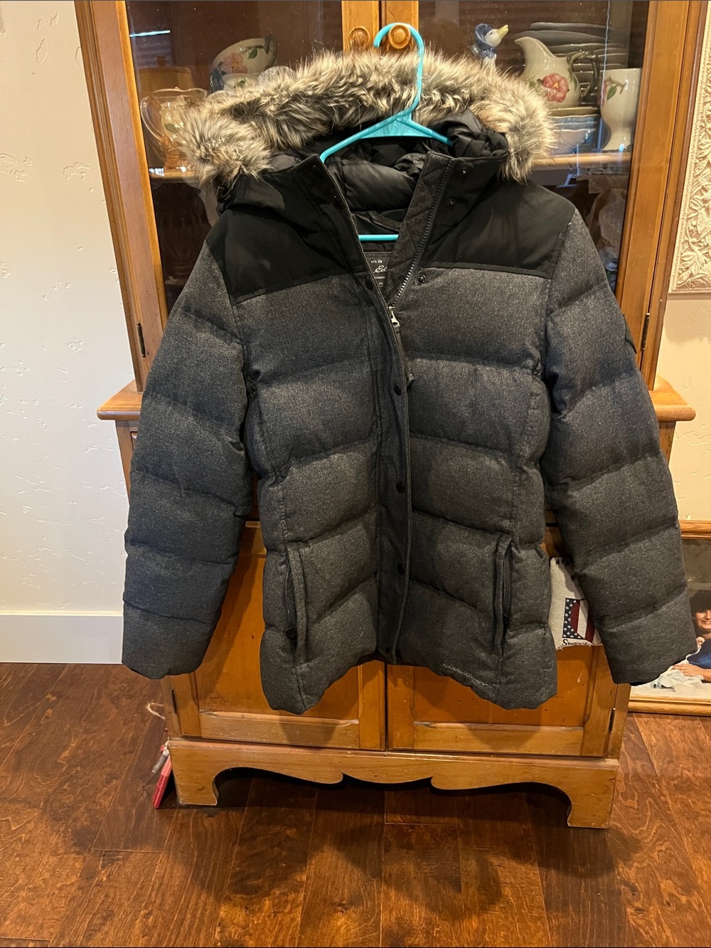Eddie Bauer Charcoal Quilted Hooded Puffer with Faux-Fur Trim